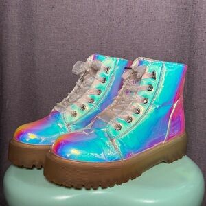 YRU Slayr Atlantis Iridescent Holo Lace Up Combat Boots Shoes Rave Festival Club